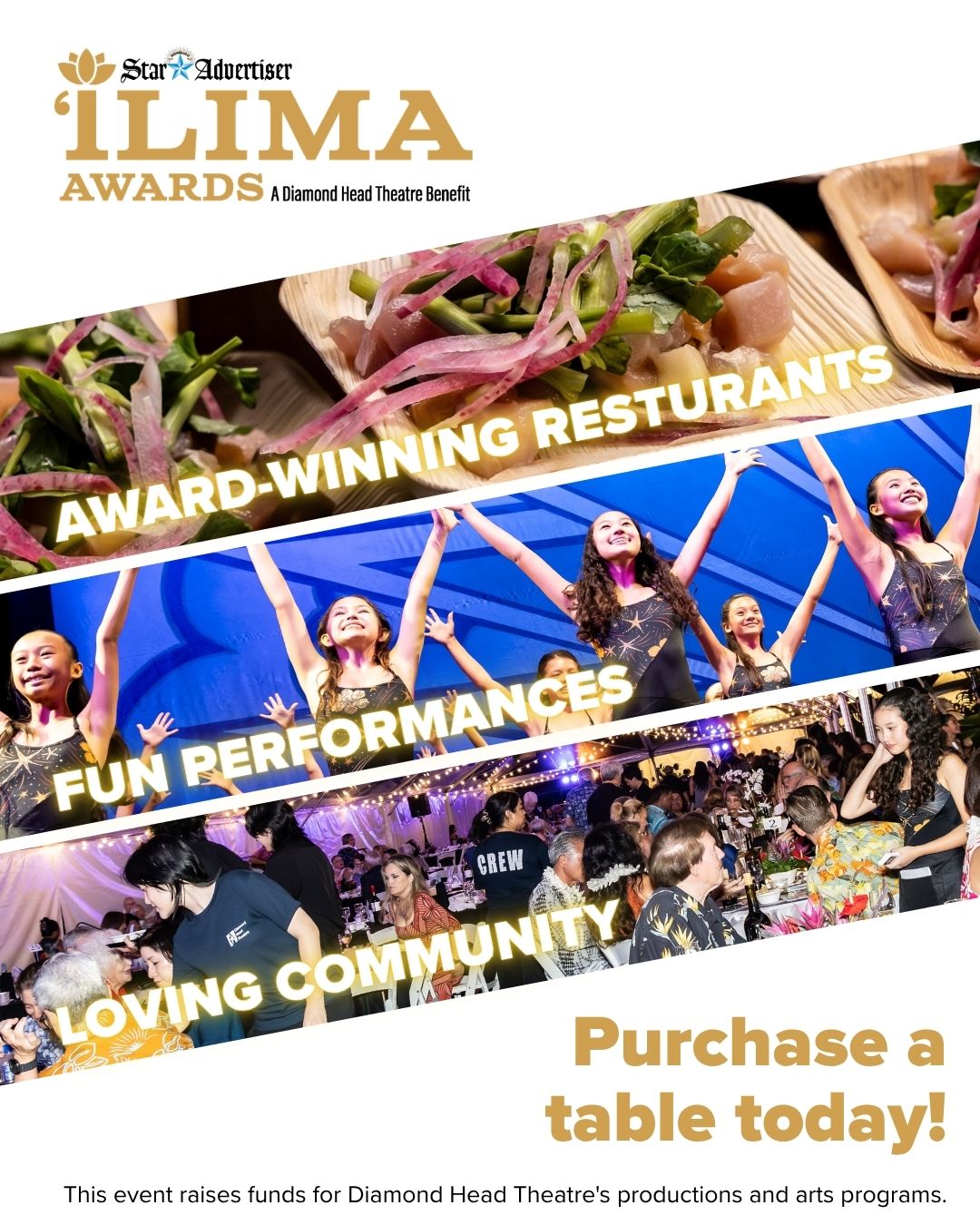 Get ready for Diamond Head Theatre’s most anticipated event of the year. The Honolulu Star-Advertiser’s ‘Ilima Awards honor Hawaii’s top chefs and restaurants. The Awards are bestowed in a glittering song and dance extravaganza, followed by a sumptuous dinner with culinary creations from the award-winning restaurants. As Diamond Head Theatre’s signature fundraising event, the ‘Ilima Awards raises funds for Diamond Head Theatre’s productions and performing arts programs.
Monday, October 12, 2026 @ 6pm
Diamond Head Theatre, 520 Makapuu Avenue
*Cocktail Attire*
Purchase a table today! For more information, please contact Krysta Matsuno at krysta@diamondheadtheatre.org or call (808) 733-0277 extension ext. 306